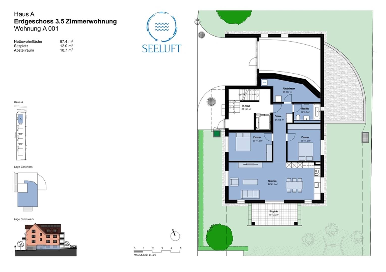 Grundriss einer 3,5-Zimmer-Wohnung im Erdgeschoss
