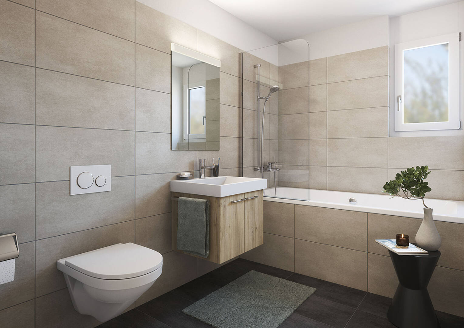 Modernes Badezimmer mit Badewanne und Duschbereich