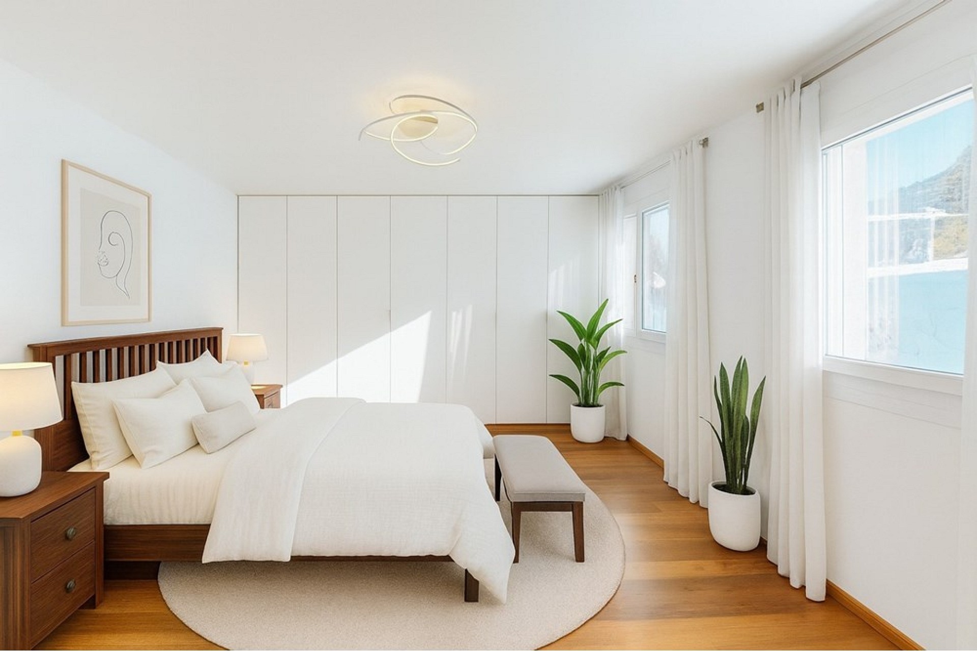Helles, minimalistisch eingerichtetes Schlafzimmer