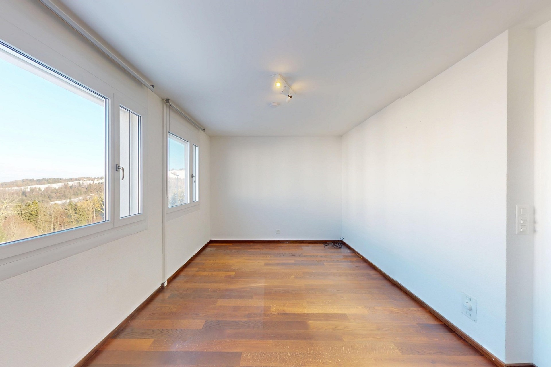 Heller leerer Raum mit Holzfußboden und Fenstern