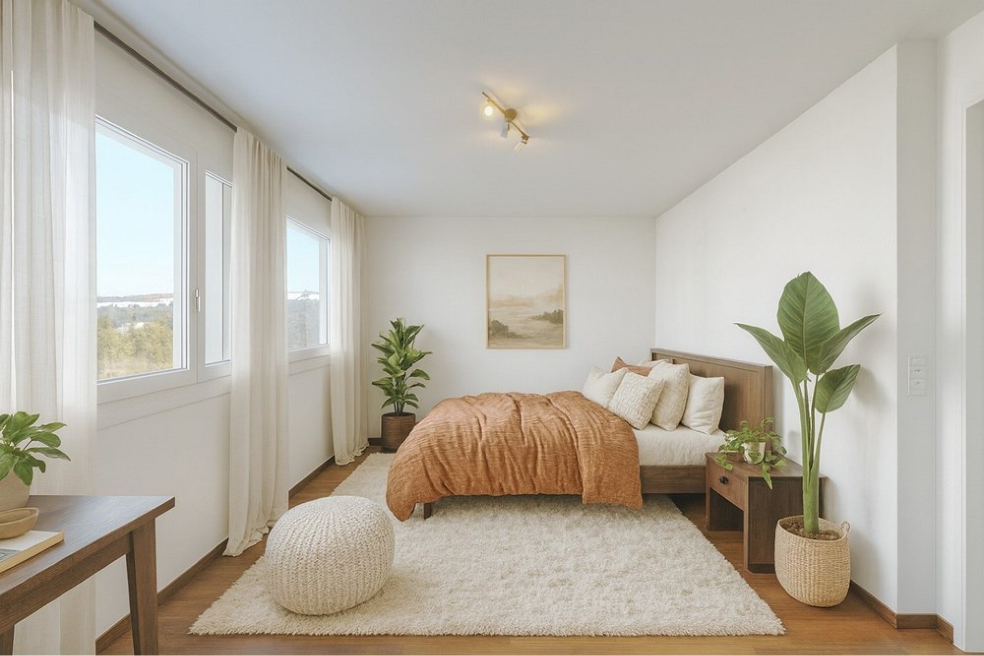 Helles, modernes Schlafzimmer mit minimalistischem Staging