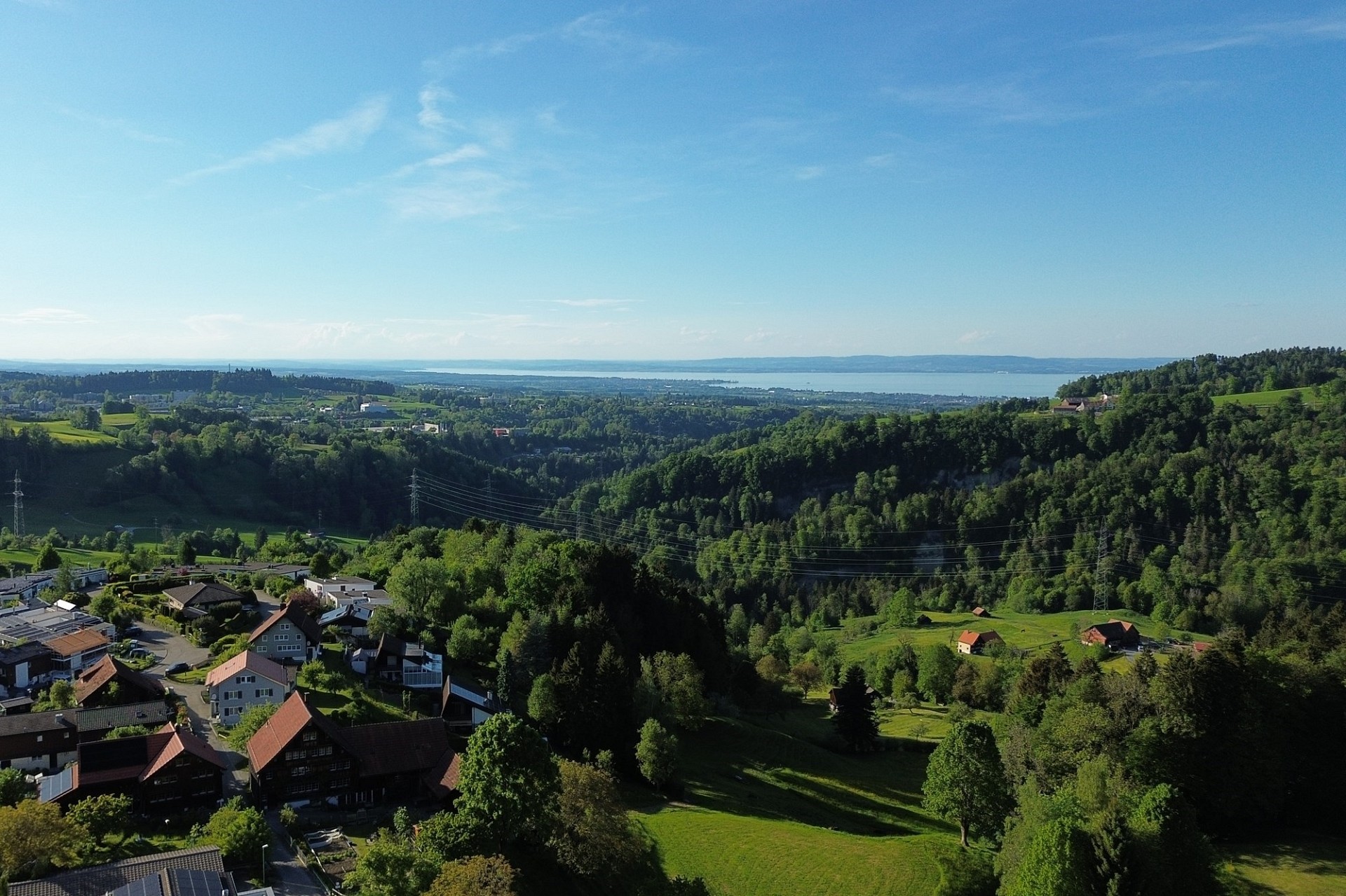 Weitblick über grüne Landschaft mit See