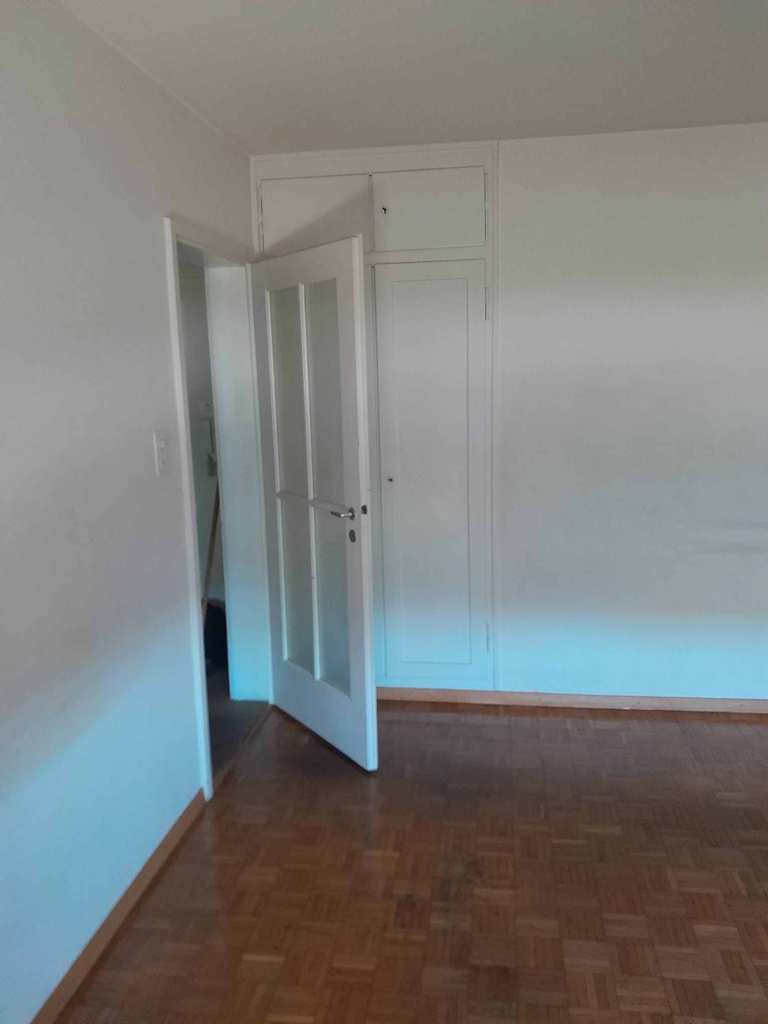 Heller leerer Raum mit Holzboden und weißer Tür