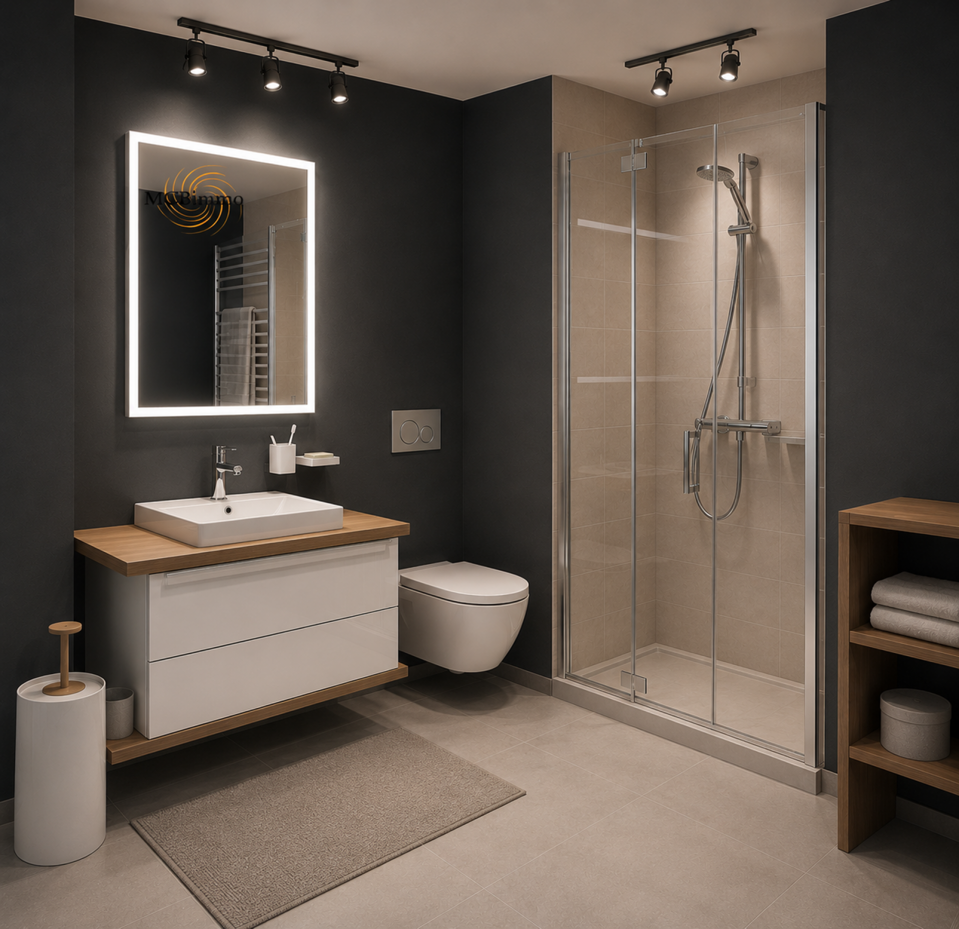 Modernes Badezimmer mit begehbarer Dusche und Waschtisch
