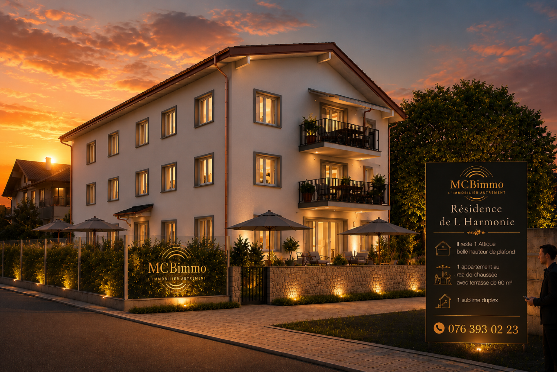 Exklusive Wohnanlage bei Sonnenuntergang