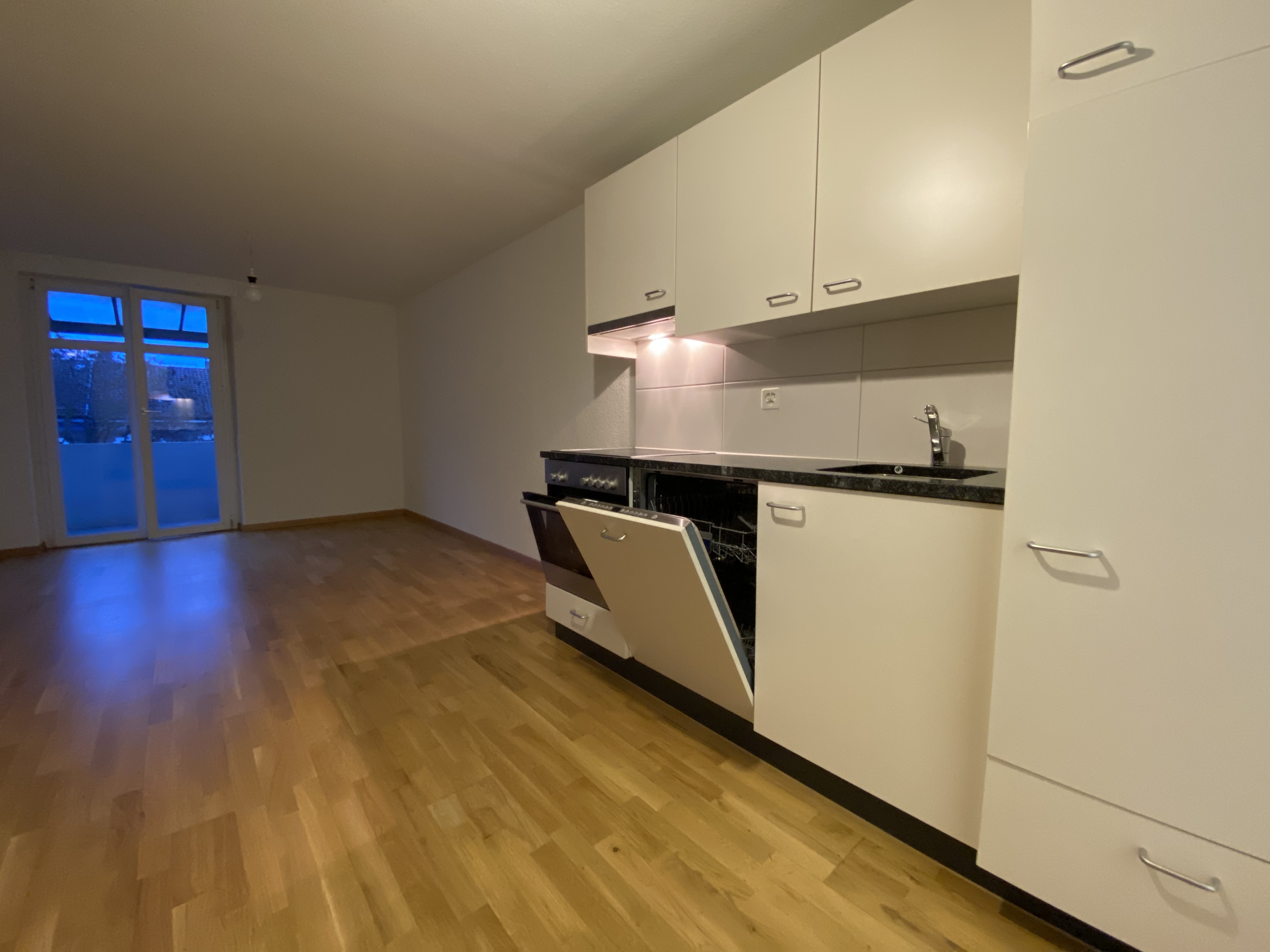 Leere Küche mit Wohnbereich