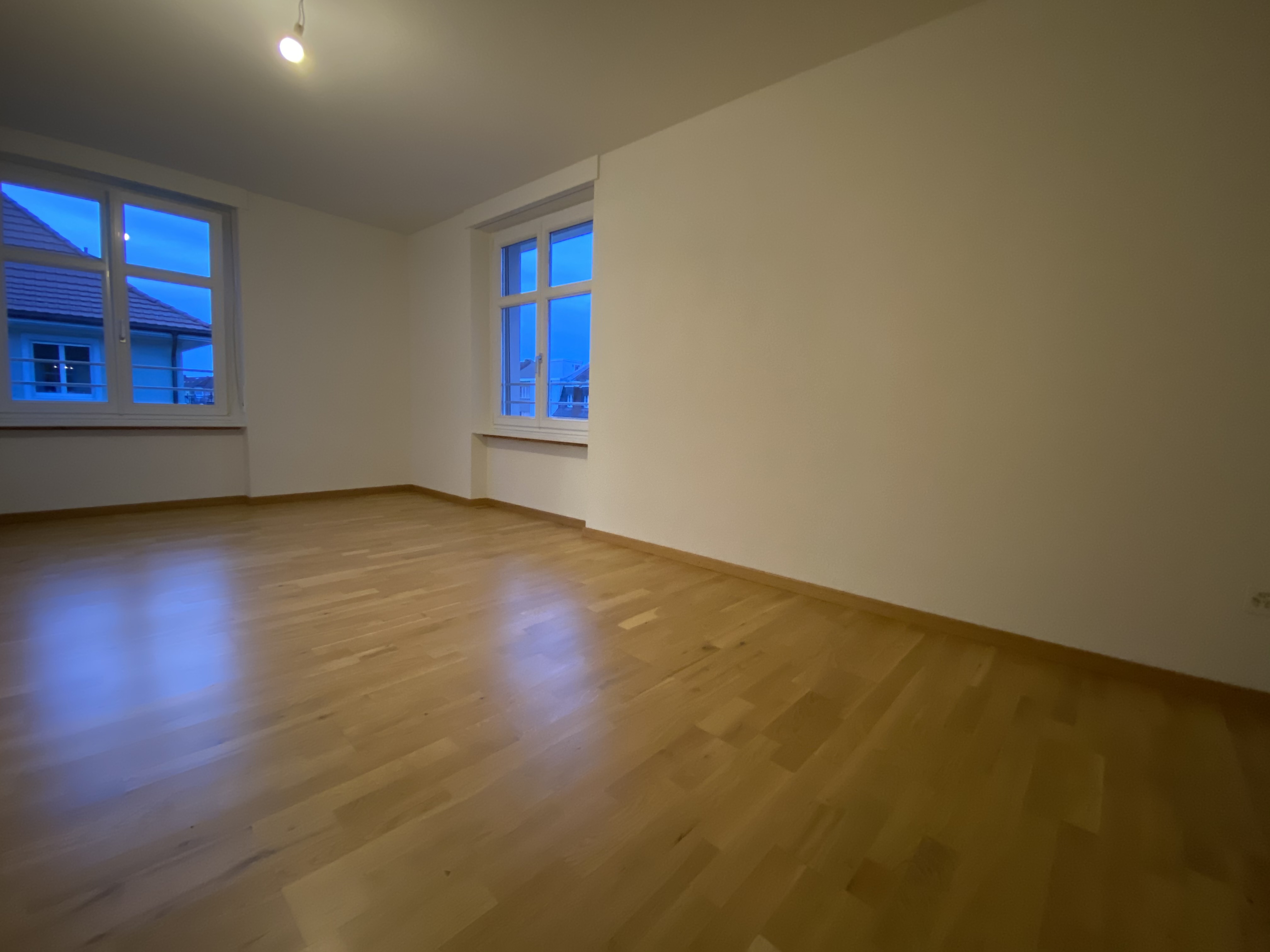 Leerer Wohnraum mit Parkett und zwei Fenstern