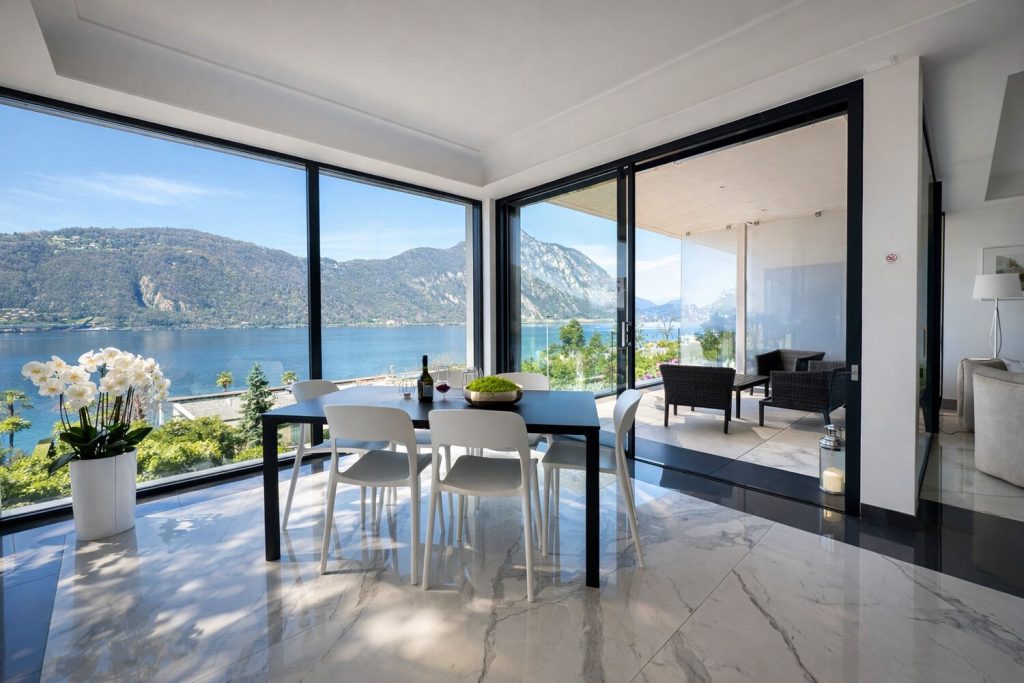 Essbereich mit Panoramablick auf den See