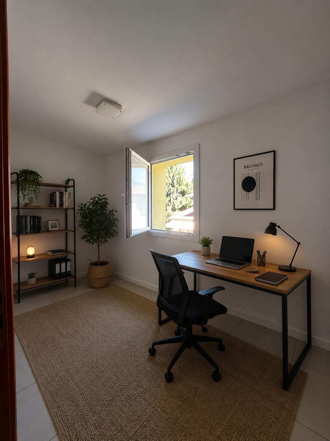 Arbeitszimmer mit Schreibtisch und Fenster