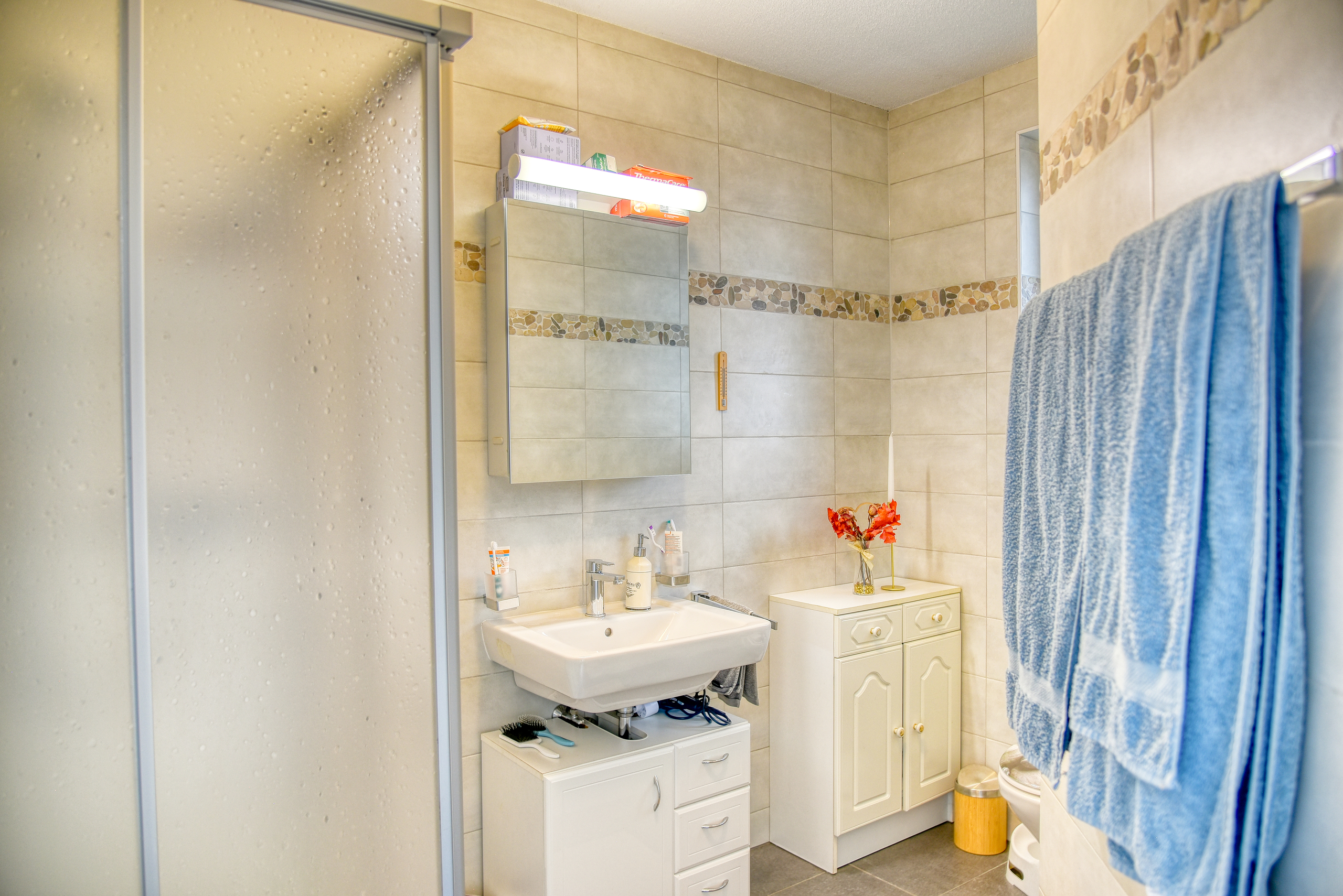 Helles Badezimmer mit Dusche und Waschplatz