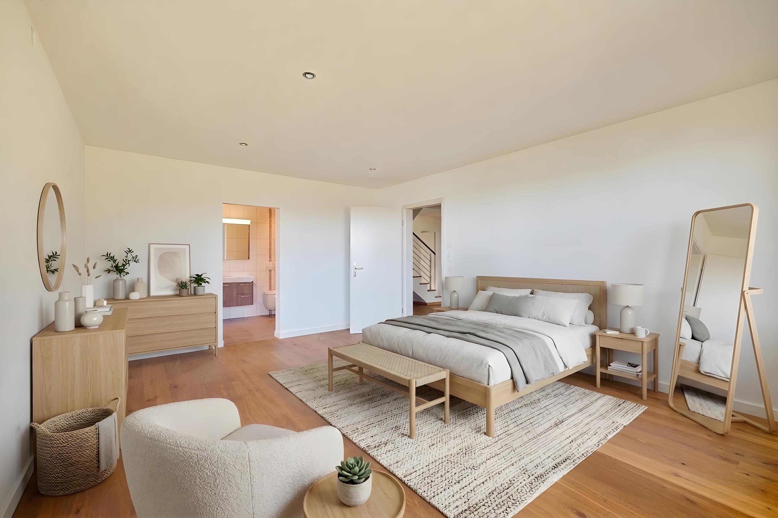 Helles minimalistisches Schlafzimmer mit offenem Badbereich