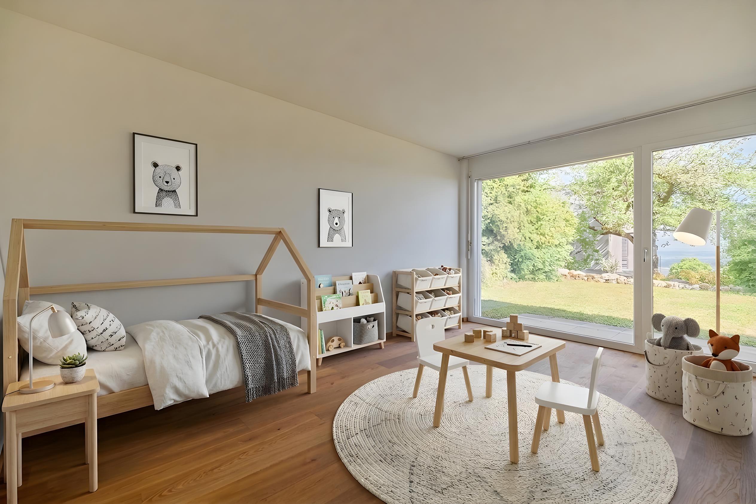 Hell eingerichtetes Kinderzimmer mit Blick ins Grüne