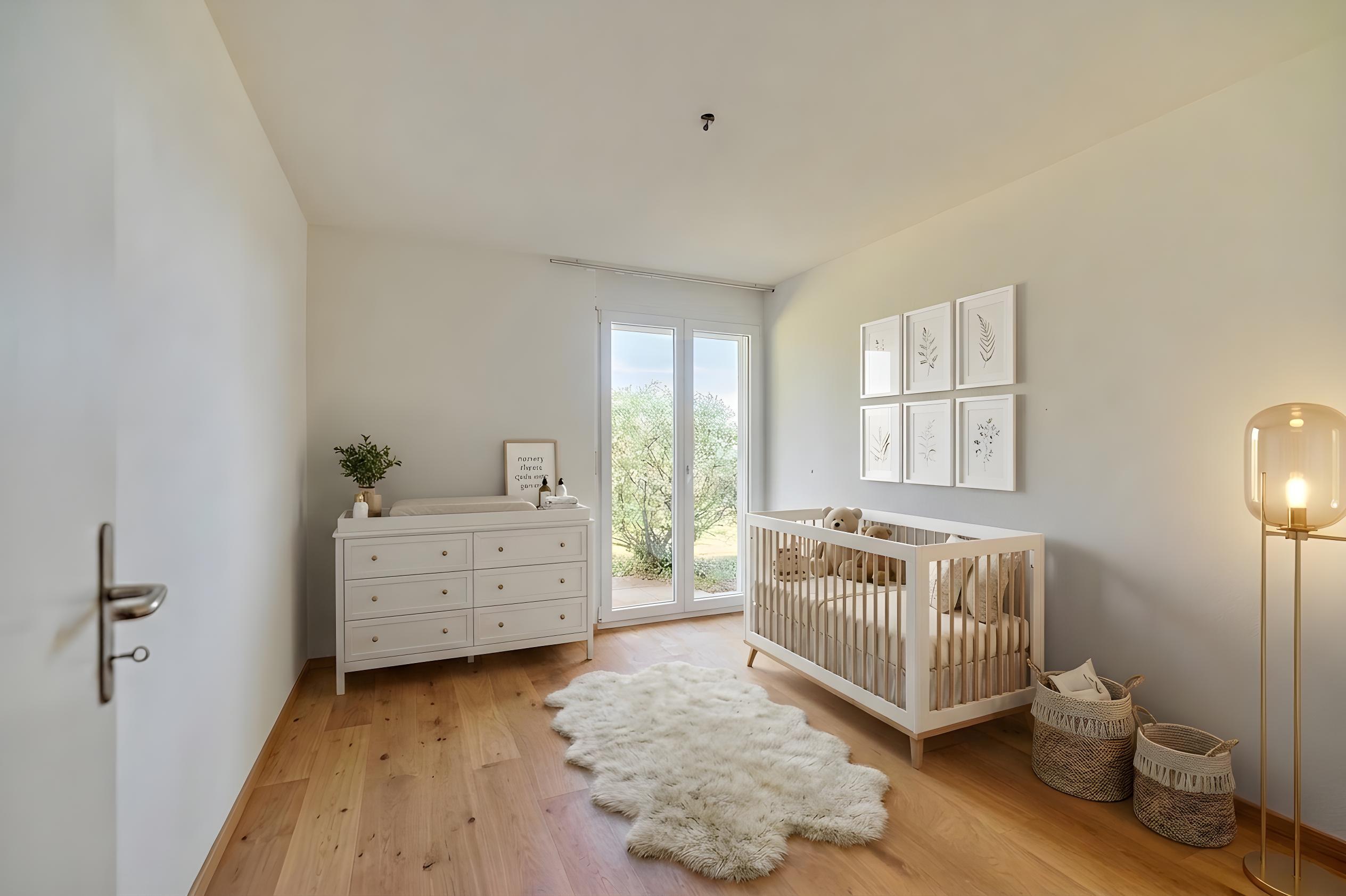 Helles Kinderzimmer mit Gitterbett und Naturholzfußboden