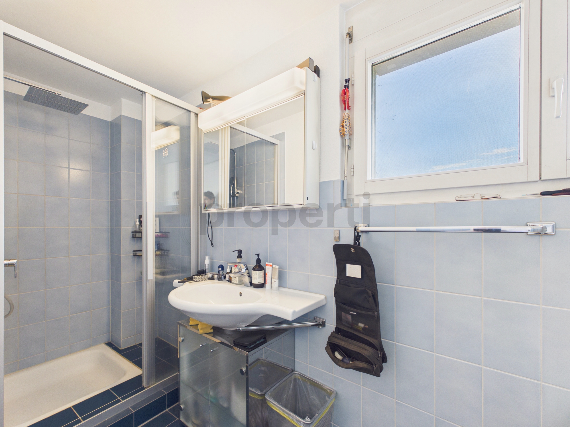 Badezimmer mit Dusche und Fenster