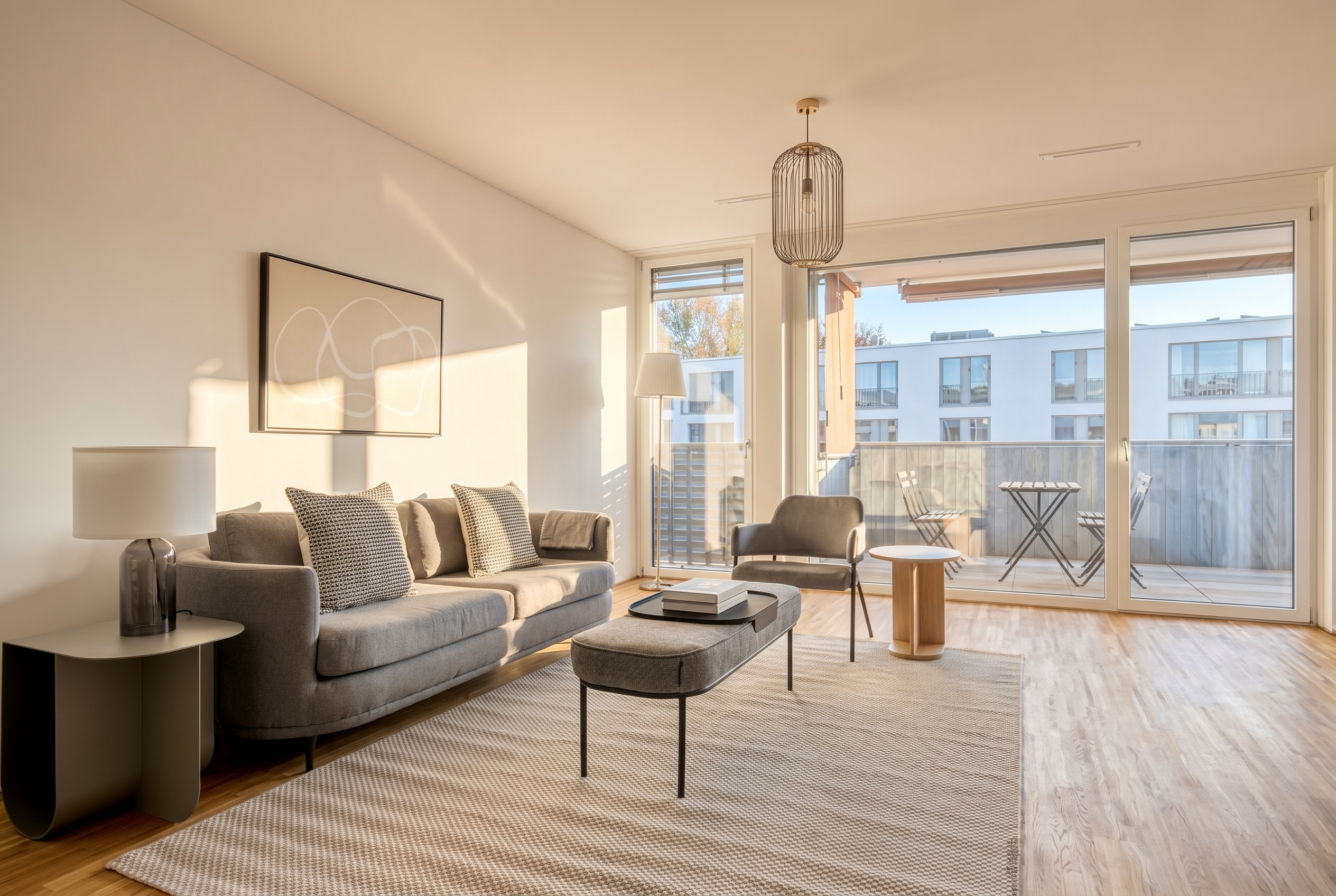 Helles, modern eingerichtetes Wohnzimmer mit Balkonzugang