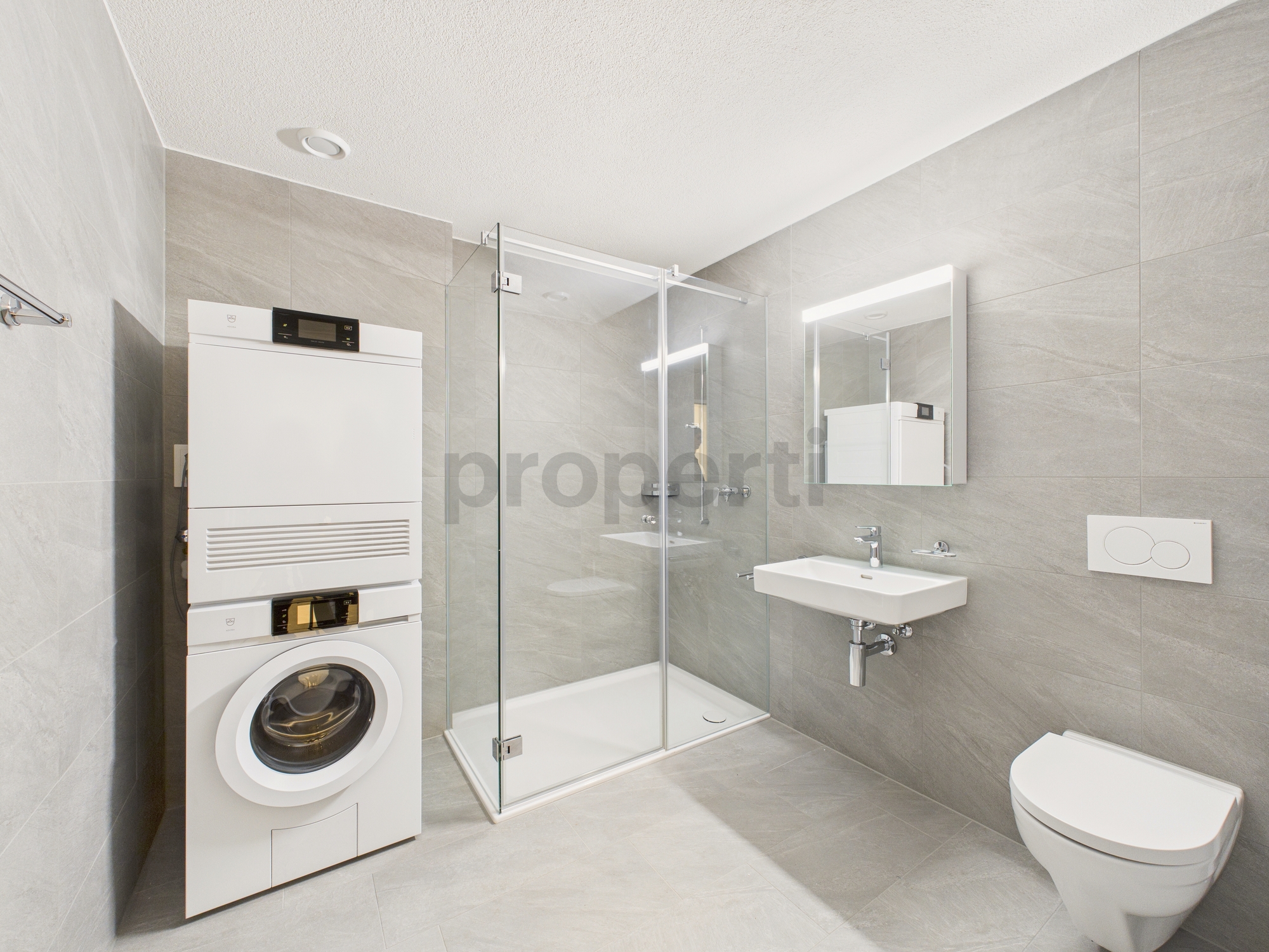 Modernes Badezimmer mit Waschturm und Dusche