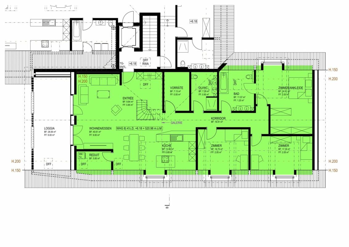 Grundriss einer großzügigen Wohnung mit Galerie und Loggia