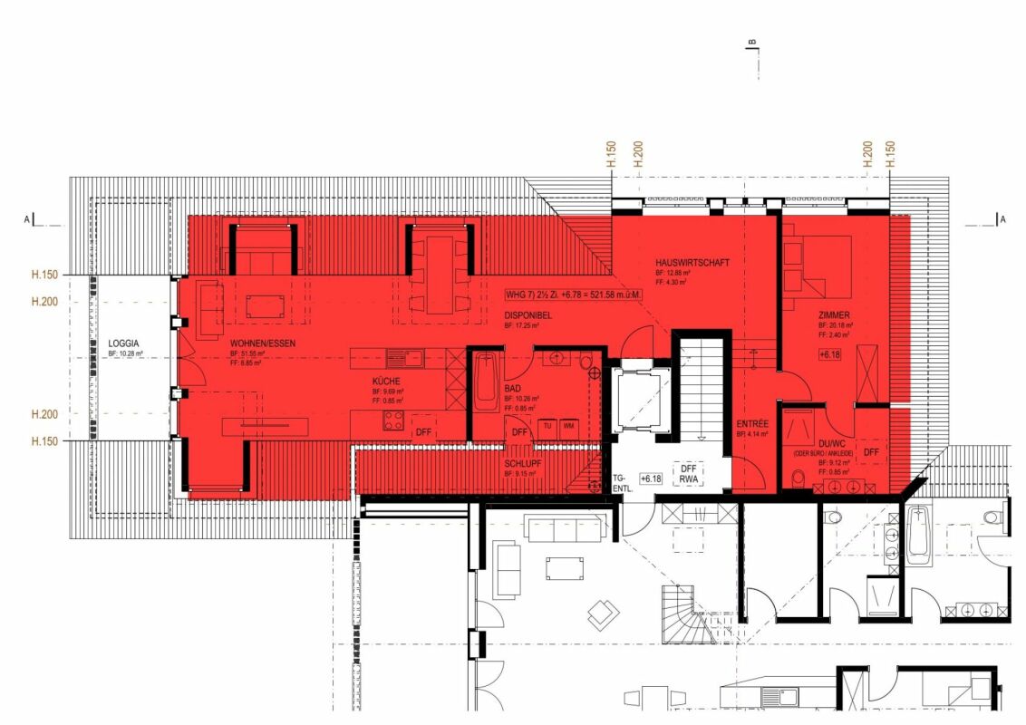 Grundriss einer Wohnfläche mit Loggia, Wohnbereich, Küche, Bad, Zimmer und Eingang