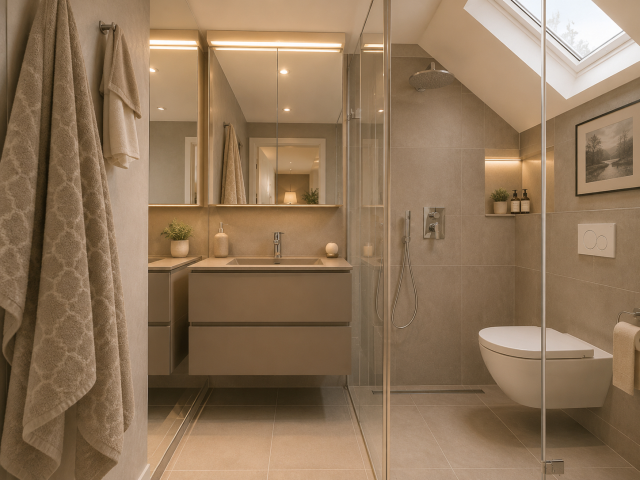 Modernes Badezimmer mit begehbarer Dusche und Dachfenstern