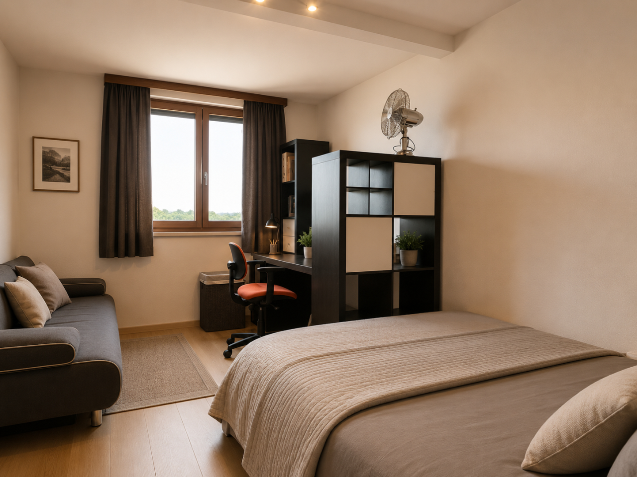 Gemütliches Schlafzimmer mit Arbeitsplatz
