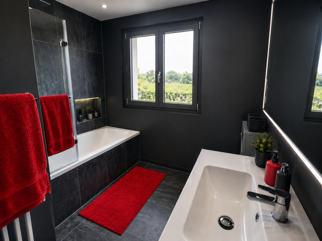 Modernes Badezimmer in dunklen Tönen