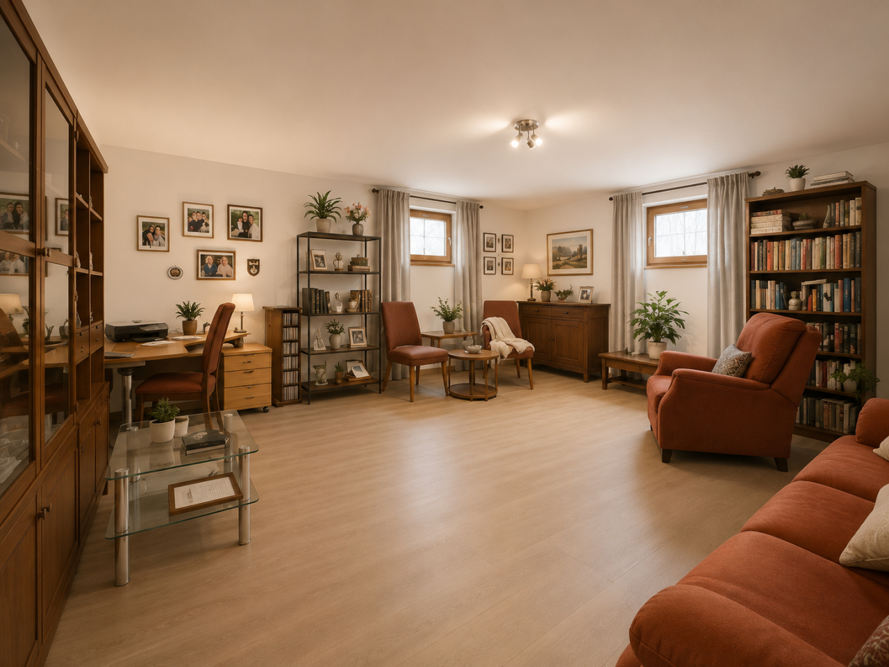 Helles Wohnzimmer mit Holzmöbeln