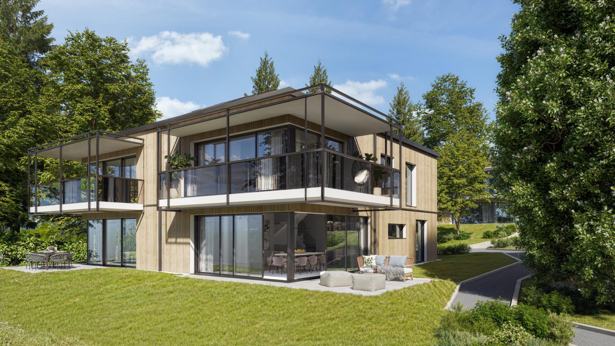 Modernes Holzhaus mit großzügigen Balkonen