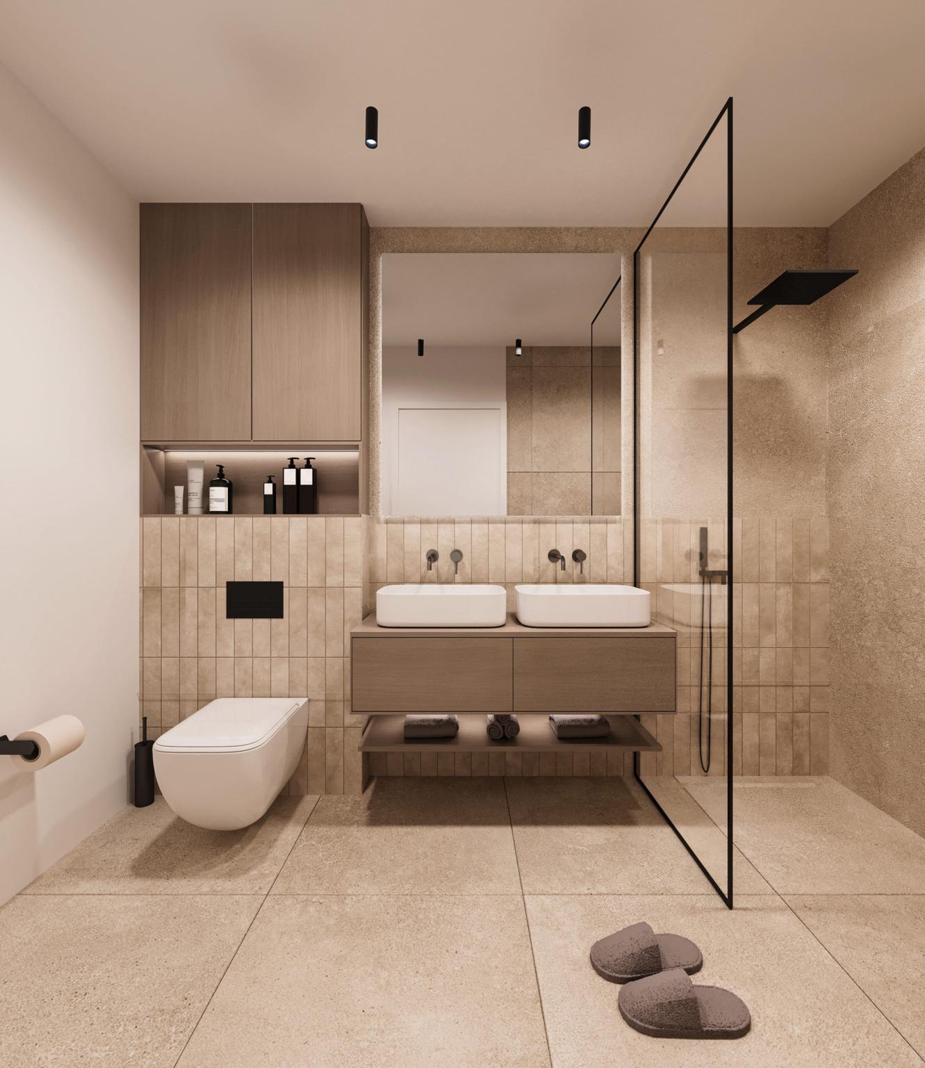 Modernes Badezimmer mit Doppelwaschtisch und begehbarer Dusche