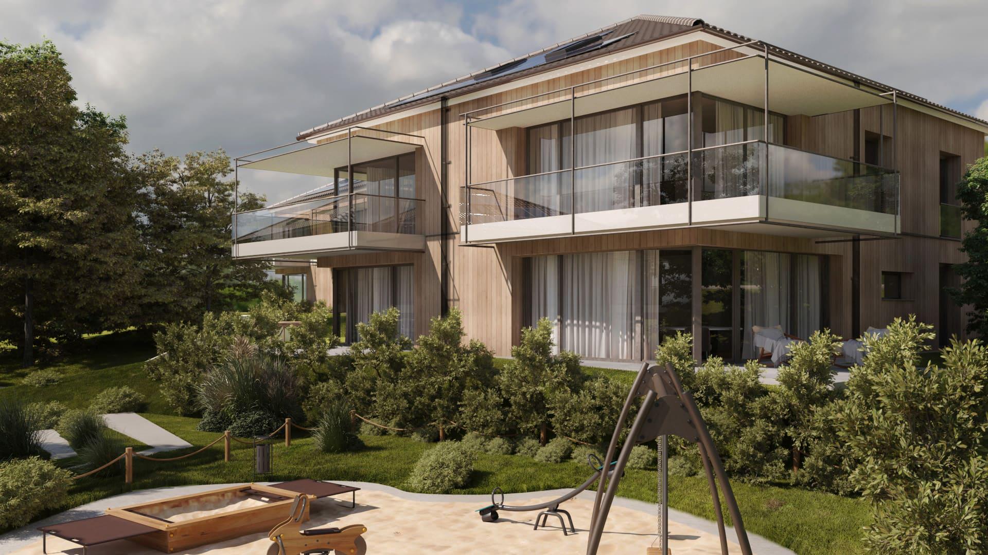 Modernes Wohnhaus mit Garten und Balkonen