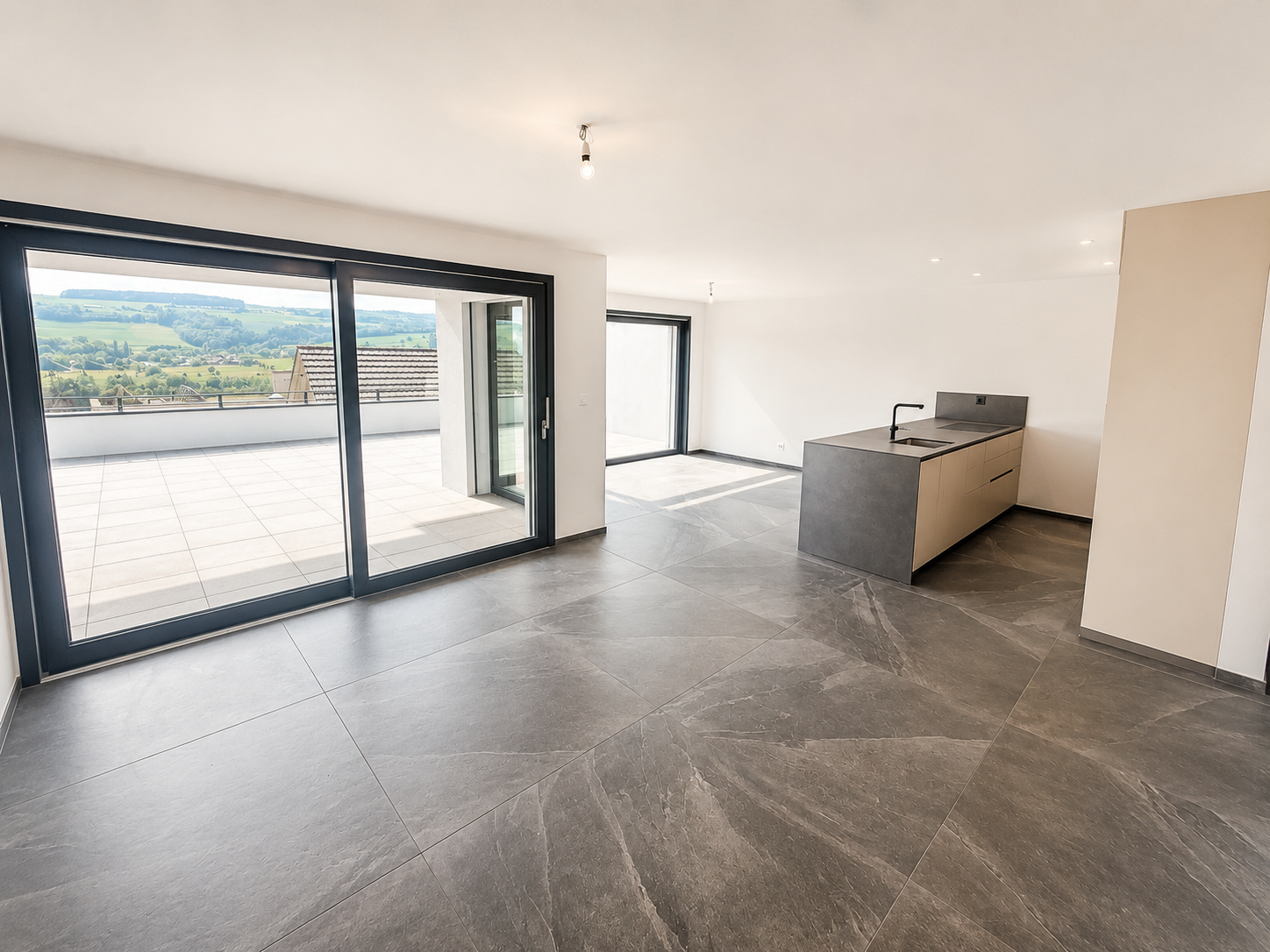 Offener Wohnbereich mit Terrasse und Küchenzeile