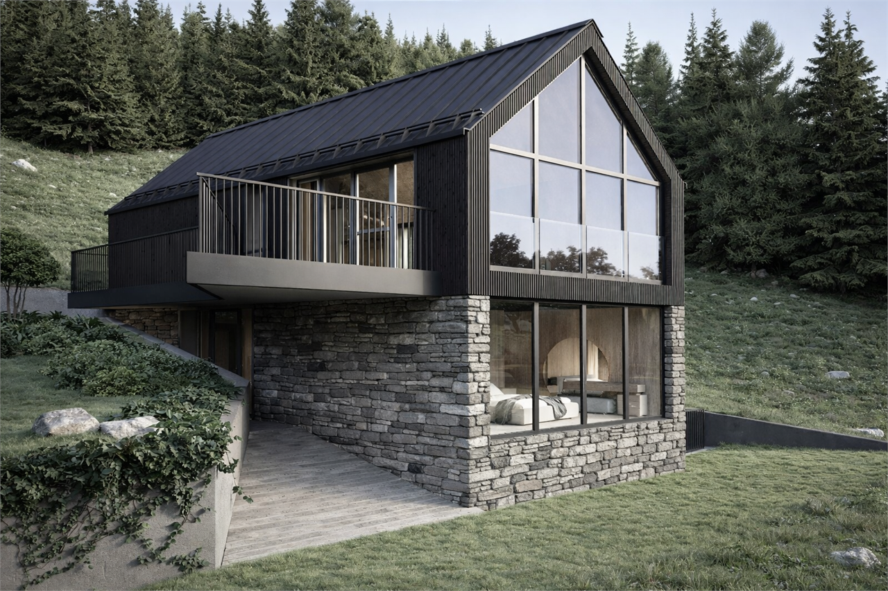 Modernes Berghaus mit Natursteinbasis und großer Glasfront