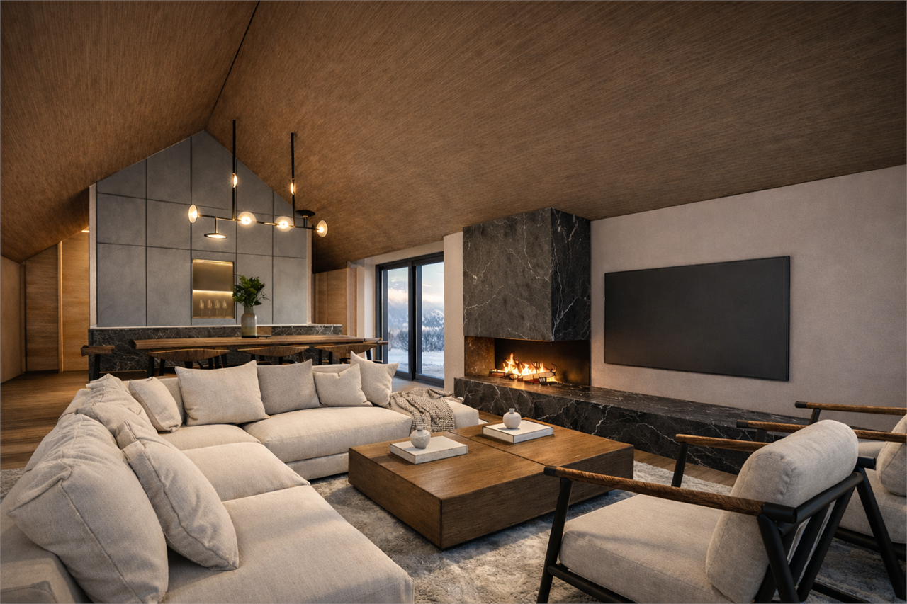 Luxuriöses Wohnzimmer mit Kamin und Bergblick