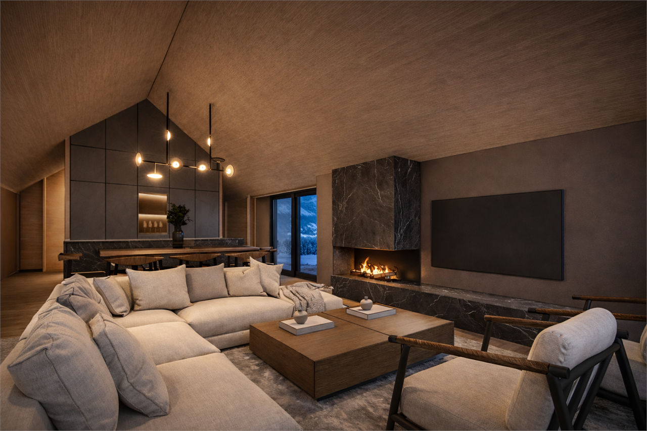 Luxuriöses Dachgeschoss-Wohnzimmer mit Kamin