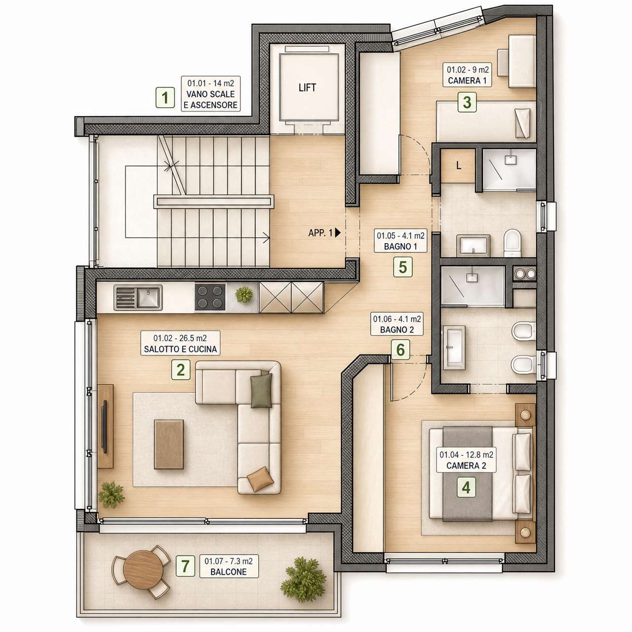 Grundriss einer Wohnung mit Wohnbereich, zwei Schlafzimmern, zwei Bädern, Aufzug und Balkon
