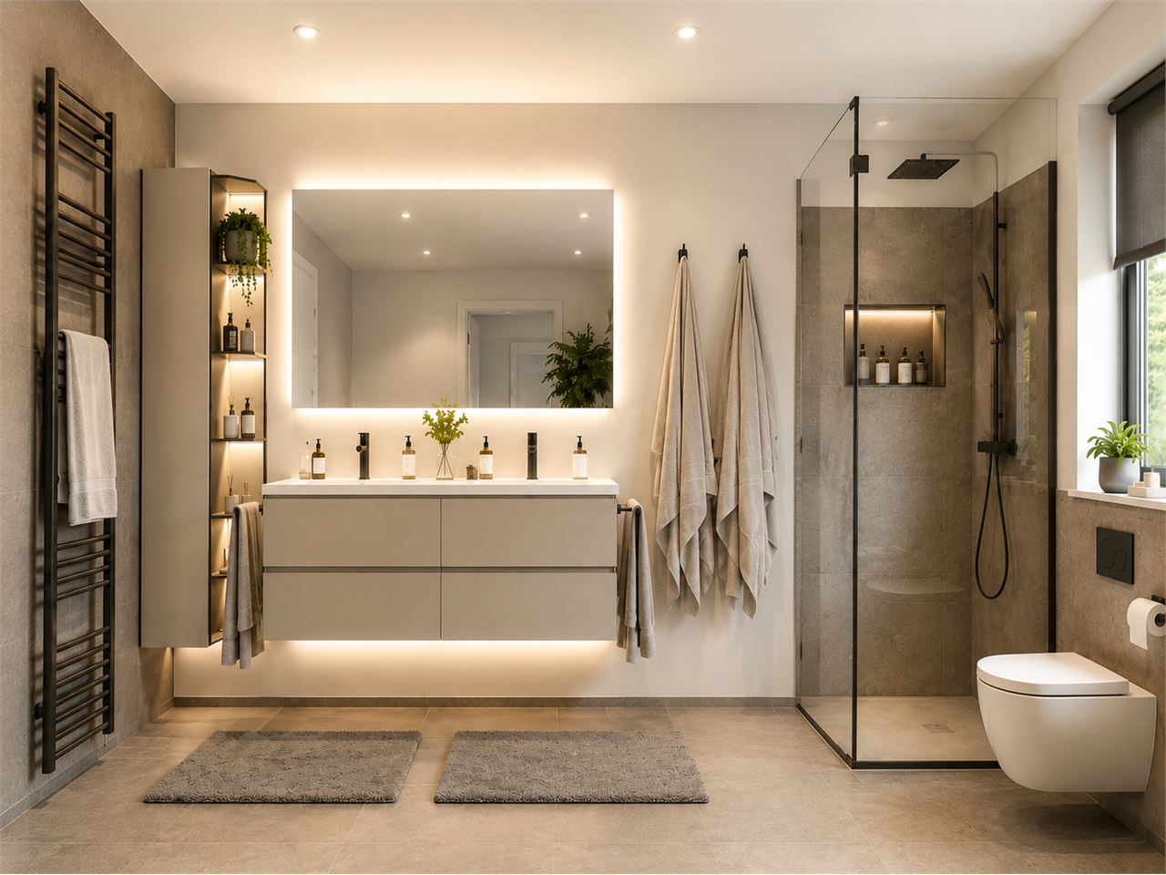 Modernes Badezimmer mit beleuchtetem Doppelwaschtisch und Glasdusche