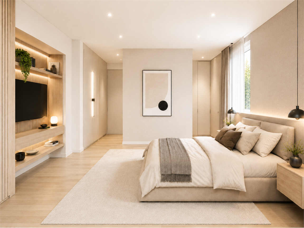 Helles Schlafzimmer in Beige- und Holztönen