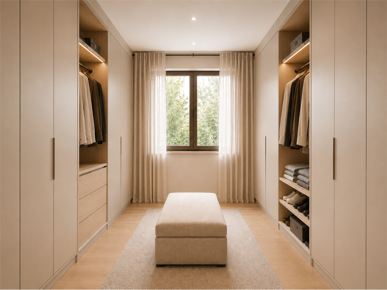 Begehbarer Kleiderschrank in hellem, ruhigem Design