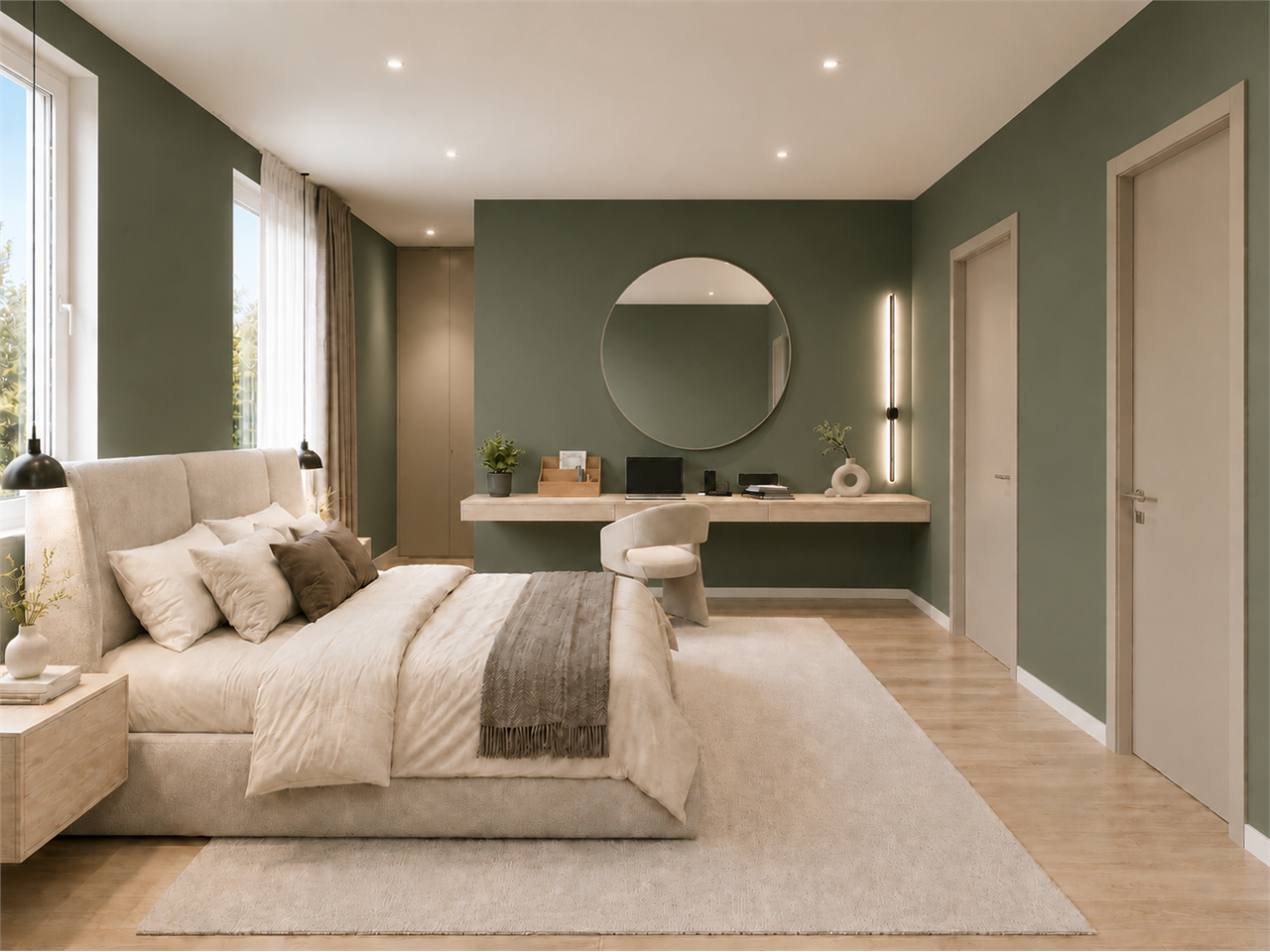 Modernes Schlafzimmer mit grünem Wandton