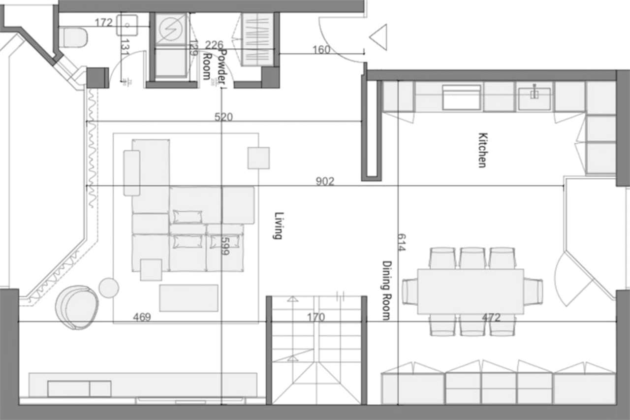 Grundriss eines Wohnbereichs mit Küche und Esszimmer