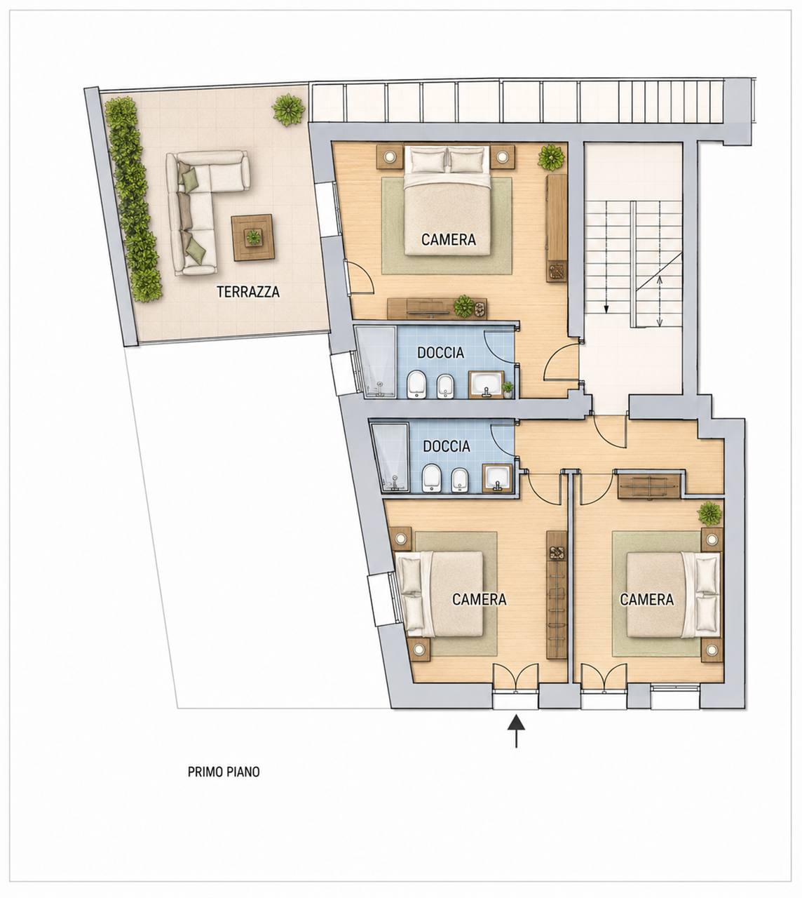 Grundriss des ersten Obergeschosses mit Terrasse, drei Schlafzimmern und zwei Duschbädern.