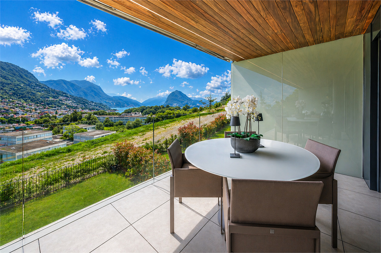 Überdachte Terrasse mit Bergblick