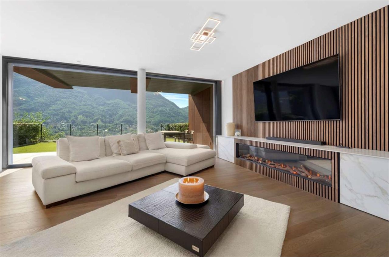 Modernes Wohnzimmer mit Bergblick und Kaminwand