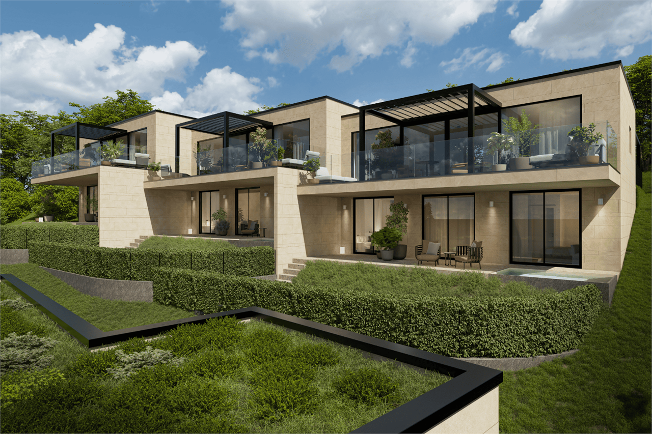 Moderne Terrassenansicht eines Wohngebäudes