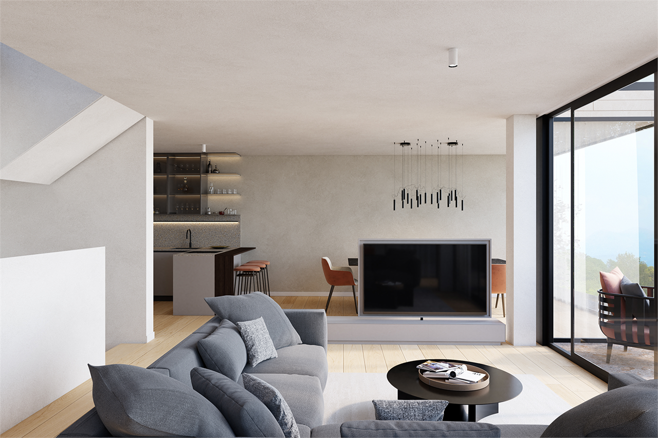 Modernes Wohn-Esszimmer mit angrenzender Küche und Balkonblick