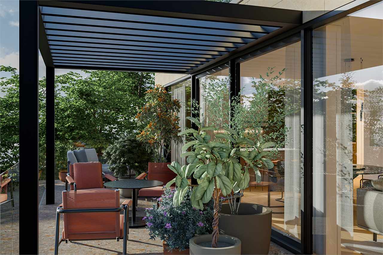 Überdachte Terrasse mit Sitzgruppe und Kübelpflanzen