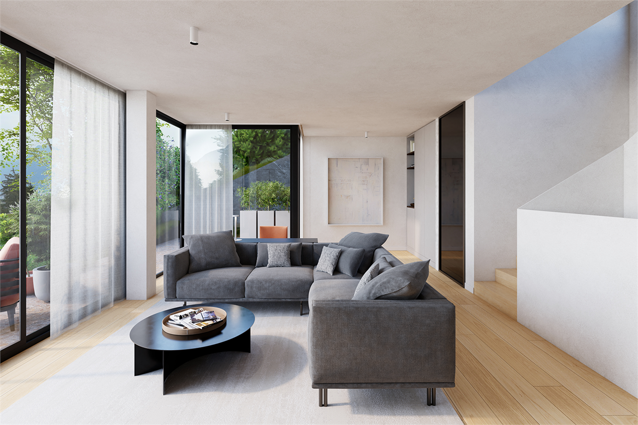 Helles modernes Wohnzimmer mit bodentiefen Fenstern