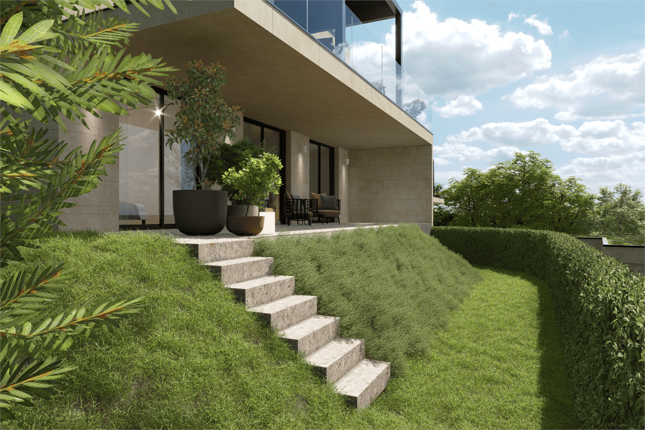 Moderner Gartenbereich mit Terrasse und großer Glasfassade