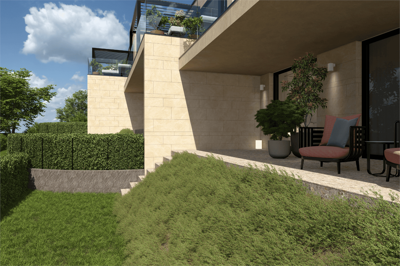 Moderne Außenansicht mit Terrasse und Garten