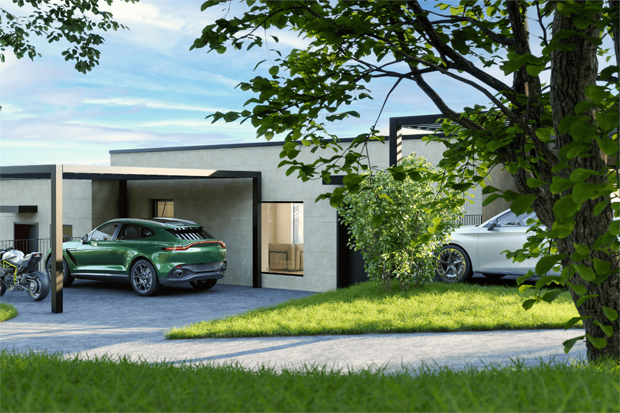 Moderner Carport mit Fahrzeugen und Gartenansicht