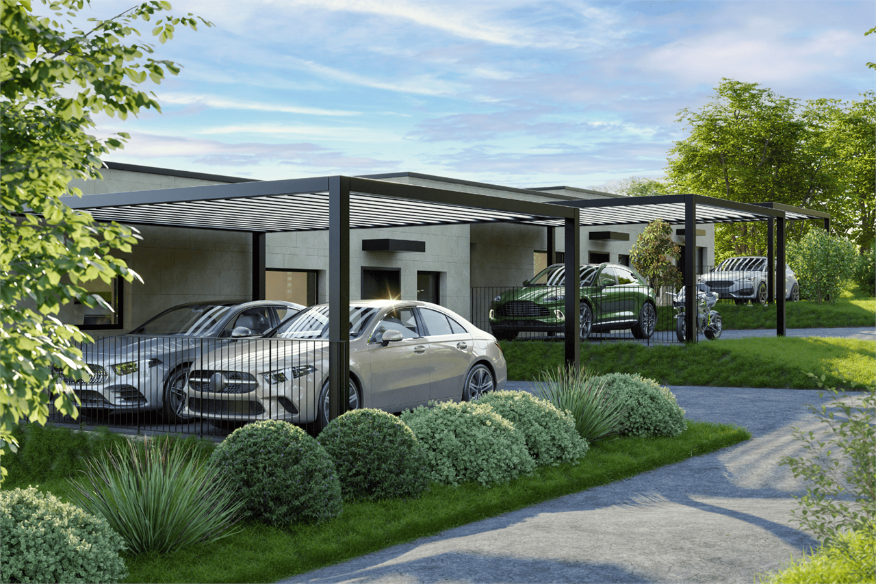 Moderne Carport-Anlage vor einem Flachdachhaus